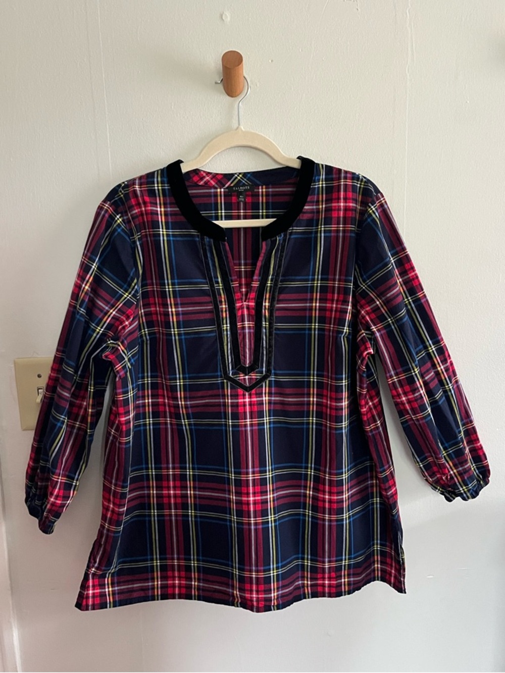 Talbots Plaid 100% Cotton Petite Top Blouse Holiday Velvet Detail